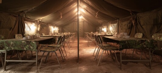The communal dining area within a temporary military camp tent.