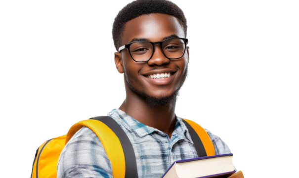 Happy student with glasses holding books and wearing a backpack, smiling confidently against a clean background, representing education and learning