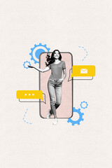 Vertical sketch 3d collage poster of happy girl stand phone screen newsletter notification speech...