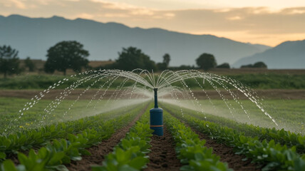 A modern irrigation sprinkler waters rows of crops in a lush green field