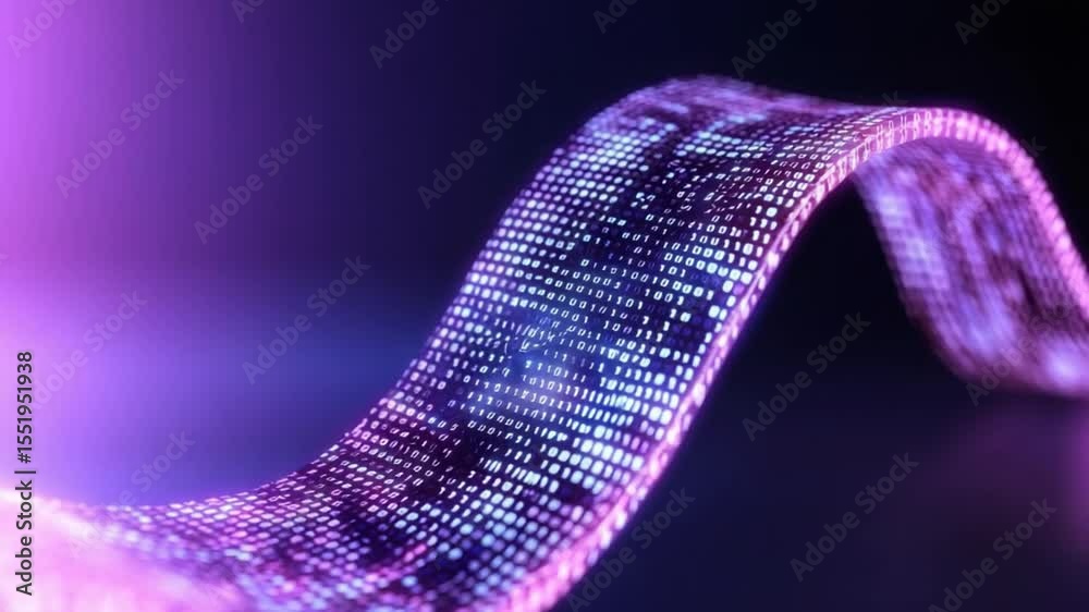 Poster digital flow: abstract wave of data illuminating a dark background, with shades of purple and blue, 