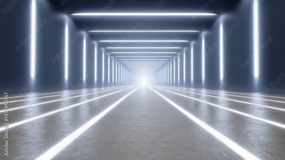 Poster futuristic neon tunnel: an expansive and geometric tunnel illuminated by blue neon lights casts long