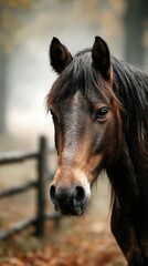 Majestic brown horse gazing through misty autumn landscape with wooden fence in background