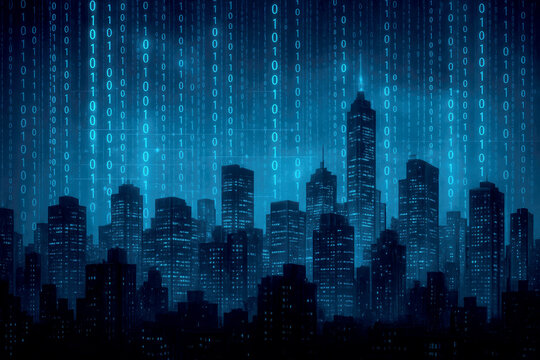 Blue City Skyline Digital Rain Binary Code Night Cityscape buildings skyscrapers