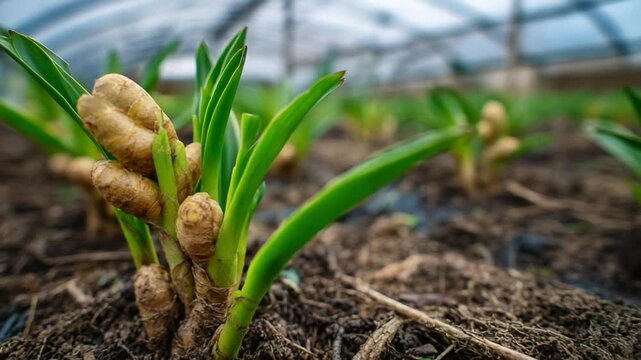 Fresh ginger plants growing in a greenhouse garden