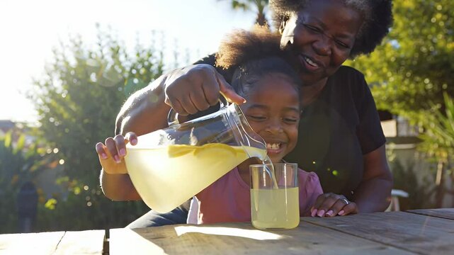 Loving black grandmother pouring homemade lemonade for her happy granddaughter, enjoying a refreshing moment together on a sunny summer day in their backyard