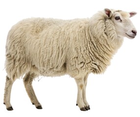 Fototapeta premium An isolated farm sheep and its lambs graze on green pasture, evoking the essence of rural agriculture