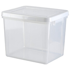Organizing supplies storage bin home office clear plastic container indoor overhead view