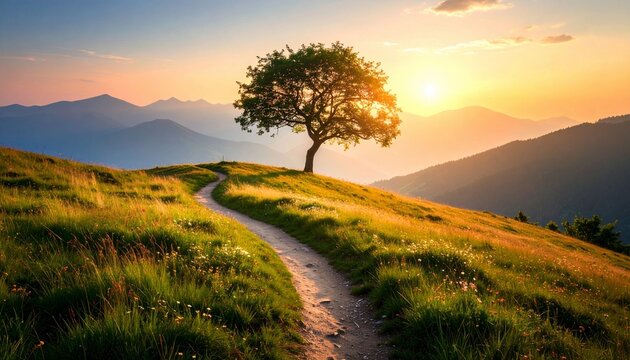 Majestic lone tree on grassy hill path bathed in warm sunset light