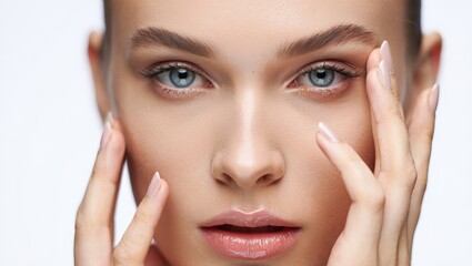 Fototapeta premium Retrato macro del rostro de una modelo con piel radiante y maquillaje nude, aplicando un tratamiento facial o crema para los ojos, ideal para publicidad de productos antienvejecimiento o dermatología 