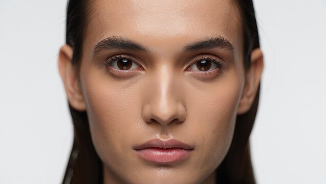Primer plano extremo del rostro de una mujer joven y hermosa con piel perfecta y cejas naturales, mirando fijamente a la c&aacute;mara en un estudio con fondo blanco.