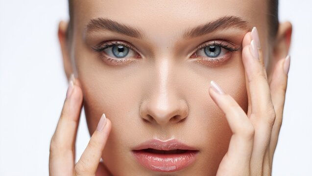 Retrato macro del rostro de una modelo con piel radiante y maquillaje nude, aplicando un tratamiento facial o crema para los ojos, ideal para publicidad de productos antienvejecimiento o dermatolog&iacute;a 