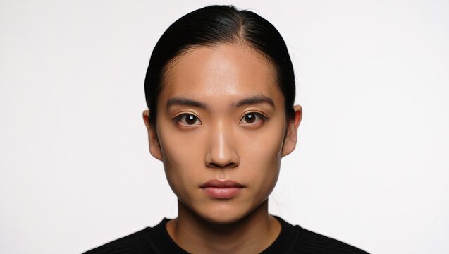 Primer plano de un retrato de belleza de una joven y serena mujer asi&aacute;tica con el pelo recogido, maquillaje natural y piel perfecta, mirando directamente a la c&aacute;mara sobre un fondo blanco de estudio.