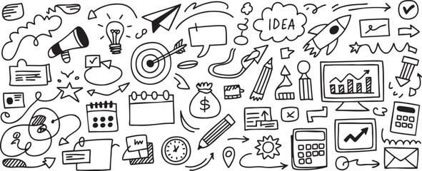 Brainstorming Business Doodle Banner Vector Illustration with Idea Bulb, Target, Rocket, and Graph on Black Background for Creative Project Concepts and Planning