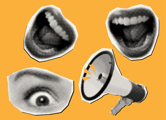 Halftone collage banner with cut out elements-loudspeaker,screaming mouth and surprised eye