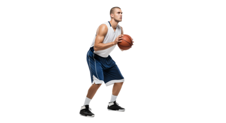 Basketball Player Holding Ball Ready to Shoot on White Background