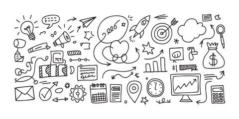 Hand-Drawn Business Doodle Set with Creative Icons and Symbols for Startup Concepts and Entrepreneurial Projects, Featuring Sketchy Style and Dynamic Elements