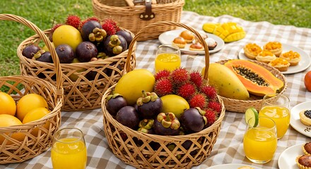 Tropical Fruits in Basket on Picnic Blanket