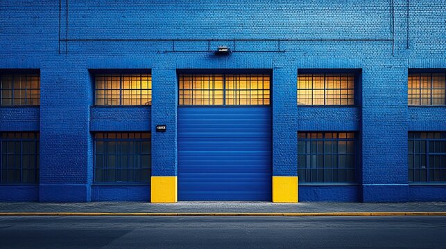 Cobalt blue industrial entrance, bold color and design, ideal for modern architecture and industrial branding imagery.