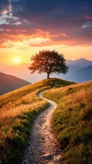 Lone Tree on Hilltop at Golden Hour with Winding Path