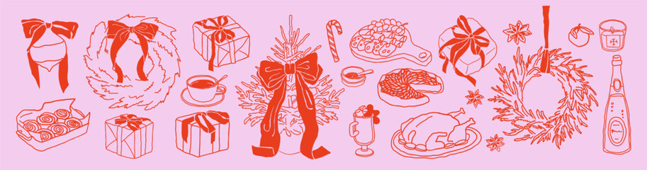 Festive holiday sketched with gifts, food, ribbons, candles and cozy details in rough chalk crayon style for seasonal packaging, menu graphics, winter labels, whimsical sticker sets.