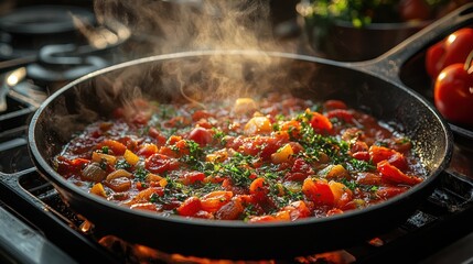 Delicious Tomato Sauce Simmering in a Pan on a Stovetop with Fresh Herbs