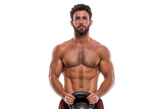Muscular shirtless man holding a kettlebell, showcasing strength and fitness. Gym and workout concept