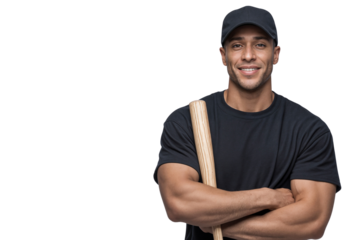 Portrait of a smiling young man in black t-shirt and cap holding a baseball bat, Confident and sporty pose