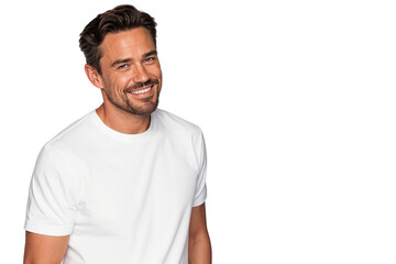 Obraz premium Portrait of a smiling man in a white t-shirt looking at the camera. Confident and casual expression for lifestyle concepts