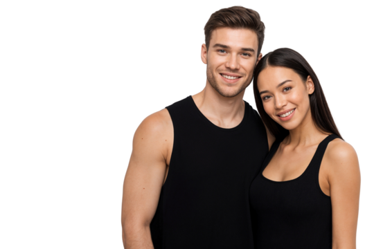 Smiling young couple in black tank tops posing together. Casual, healthy, and happy appearance, fitness or lifestyle concept