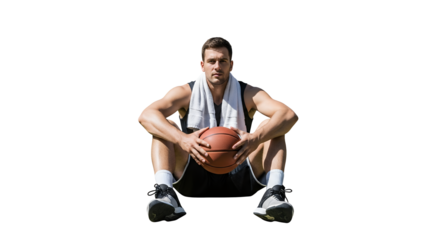 Man Resting with Basketball and Towel Outdoor after Game