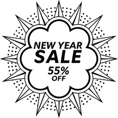 A retro burst shape announces new year sale at fifty five percent off