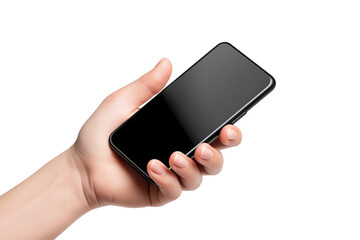 Hand holding a modern smartphone with a blank screen, isolated on a transparent background