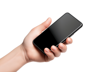 Hand holding a modern smartphone with a blank screen, isolated on a transparent background