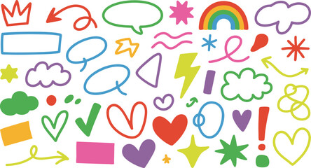 Vibrant Hand-Drawn Doodle Elements Collection A Burst of Playful Shapes Arrows Hearts Stars Clouds and More for Creative Designs and Engaging Visuals on Black Backdrop