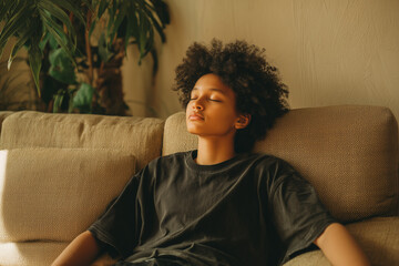 Young person with afro resting on sofa with eyes closed in soft room