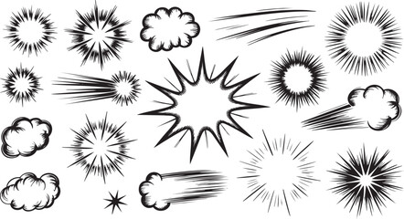 Dynamic Burst and Streak Collection A Variety of Energetic Explosion and Motion Graphics for Adding Impact and Speed to Designs on a Solid Black Background