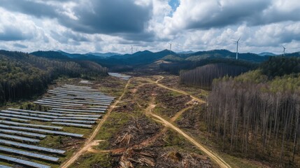 Contrasting image solar farm next to deforested area