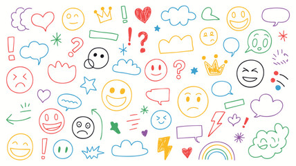 Whimsical Doodle Emoticons A Playful Array of Hand-Drawn Expressions and Symbols for Adding a Touch of Fun and Personality to Designs on White Canvas