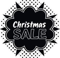 Christmas Sale text featured inside a cloud shaped burst with star accents in black and white