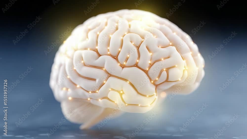 Aufkleber Glowing Human Brain: An illuminated human brain, a symbol of intelligence and cognitive function, is showcased in a detailed 3D render, highlighting its intricate structure and neural pathways.