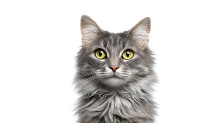 The adorable grey cat with striking yellow eyes against a white background.