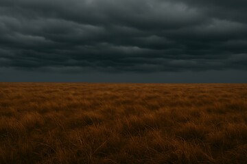 Open Land with Brown Wild Grass Beneath Textured, Layered Overcast Sky