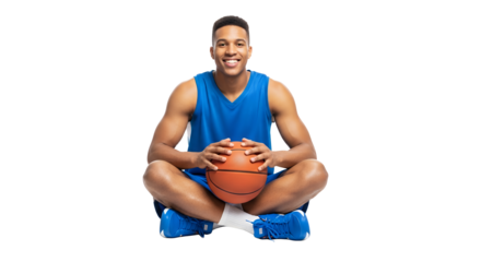 Man Sitting Holding Basketball Smiling in Blue Uniform