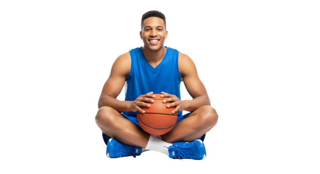 Man Sitting Holding Basketball Smiling in Blue Uniform