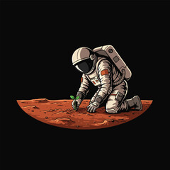Illustration of an astronaut planting seeds on a barren planet, isolated on black background