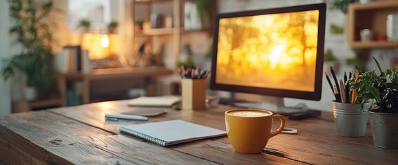 Cozy home office setup with coffee, computer and notebook for a productive day
