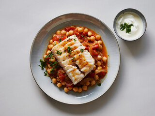 Pan-seared fish served over chickpea curry with yogurt sauce on round white plate
