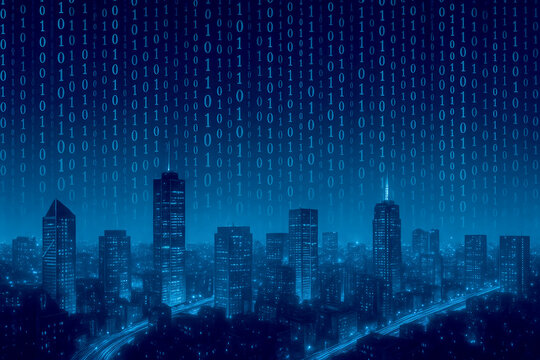 Futuristic Cityscape at Night Blue Tones Binary Code Data Flow Over Skyscrapers dark blue