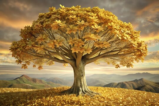 Fantasy Money Tree with Gold Coins or Leaves Falling on a Hill